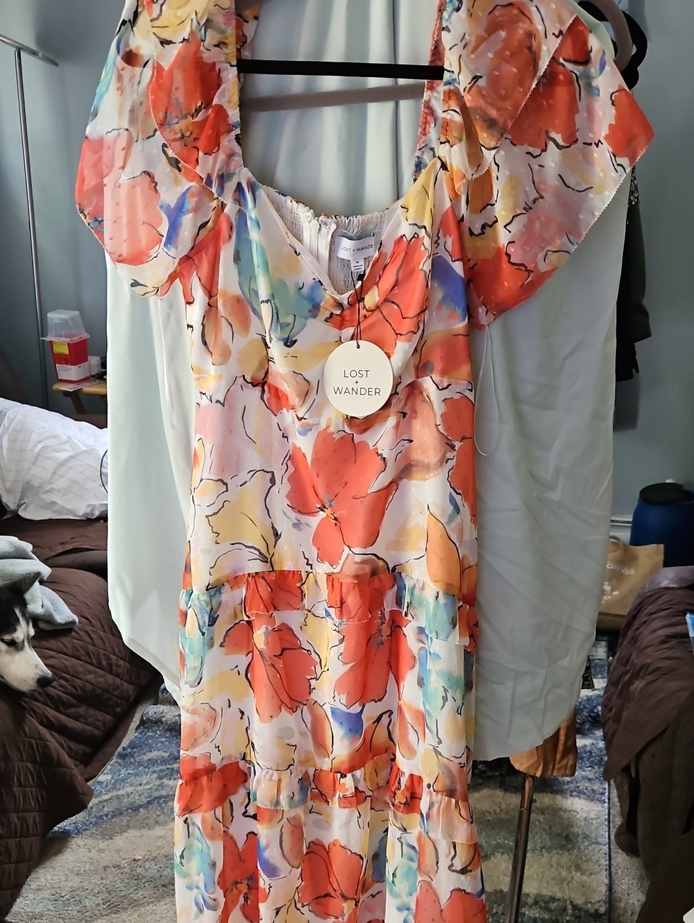 Lost + Wander Coral & Pastel Watercolor Floral Tiered Maxi Dress